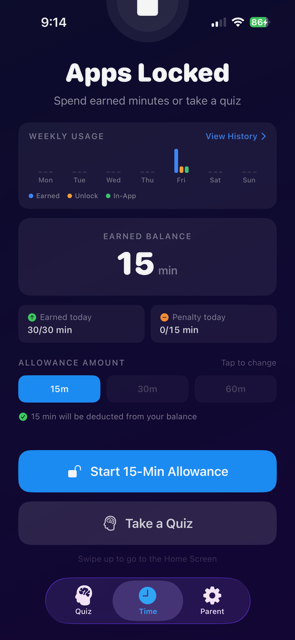 Time dashboard showing weekly usage, earned balance, and allowance amount.