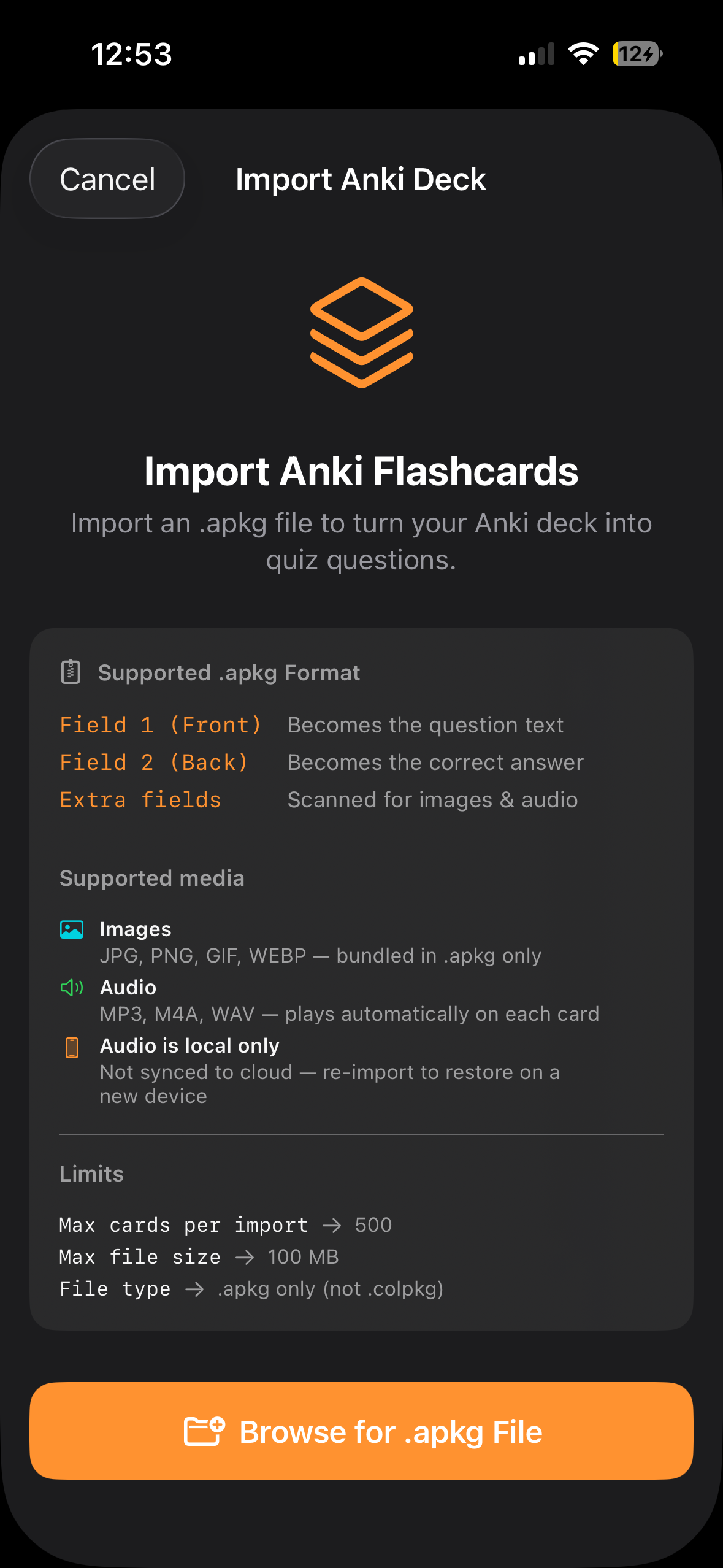Import Anki Flashcards screen showing supported .apkg format, media types, and file size limits.