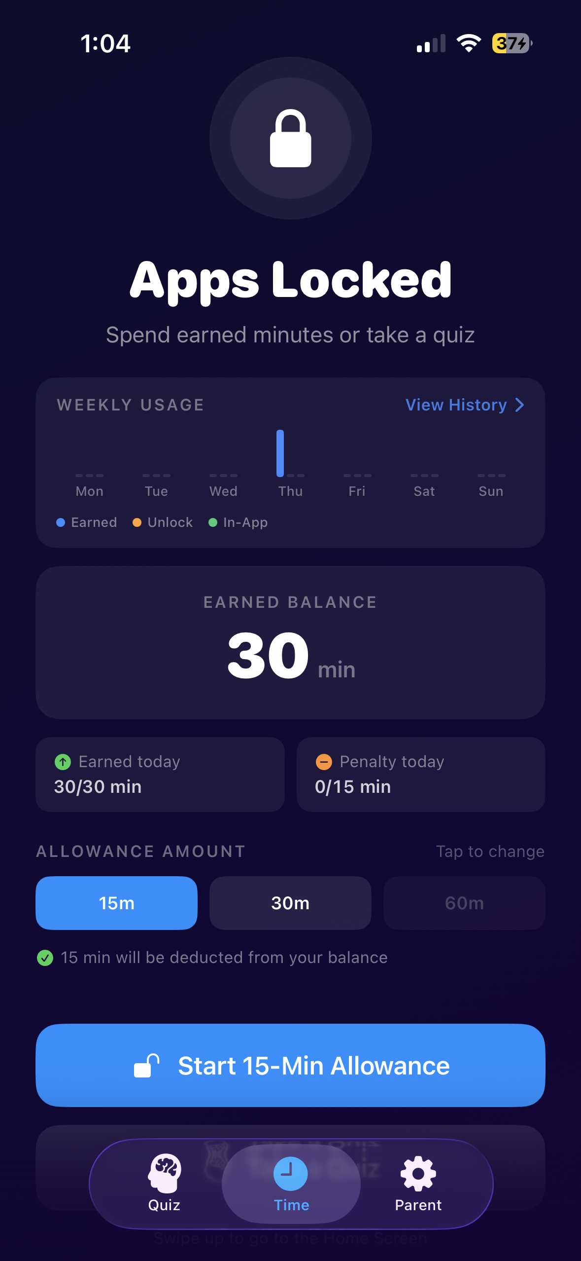 Learning dashboard showing 30 min earned balance, weekly usage chart, and allowance session controls.