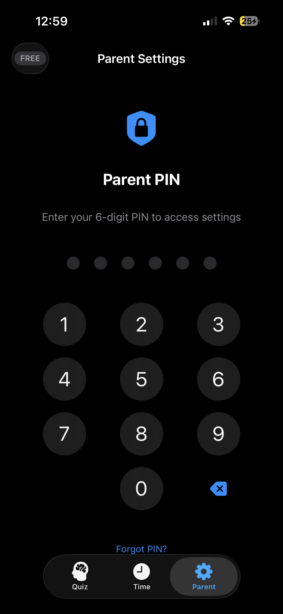 Parent Settings PIN entry screen with hexagonal lock icon and numeric keypad.