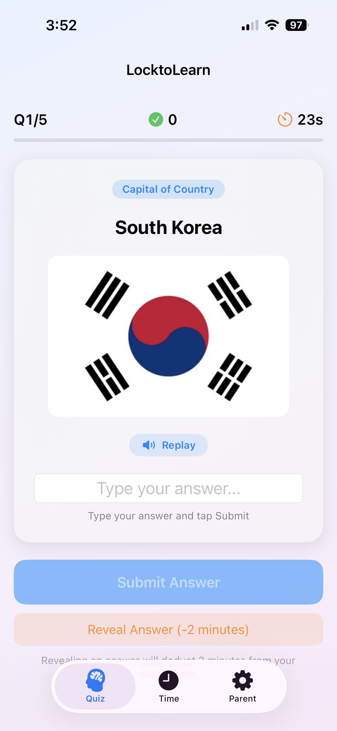 Quiz screen: flag image question with typed answer field, timer, progress indicator, and Submit button.