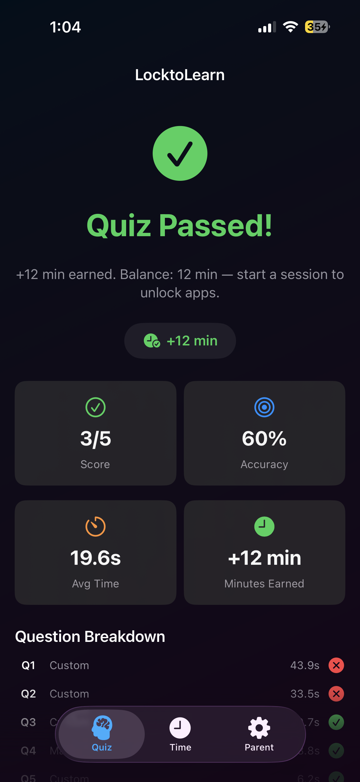 Quiz Passed screen: score 3/5, 60% accuracy, 19.6s average time, +12 min earned, question breakdown.