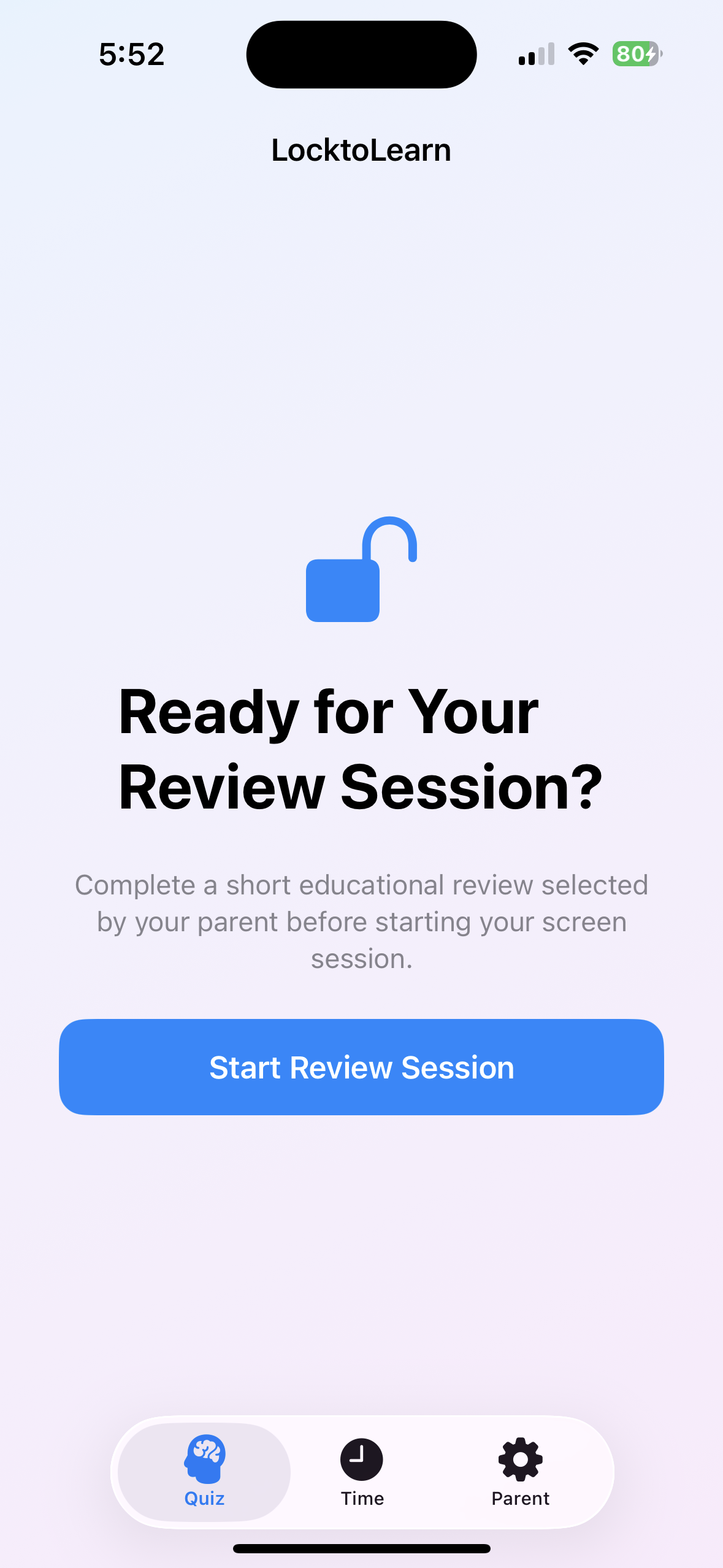 LocktoLearn — Review session start screen showing Ready for Your Review Session prompt