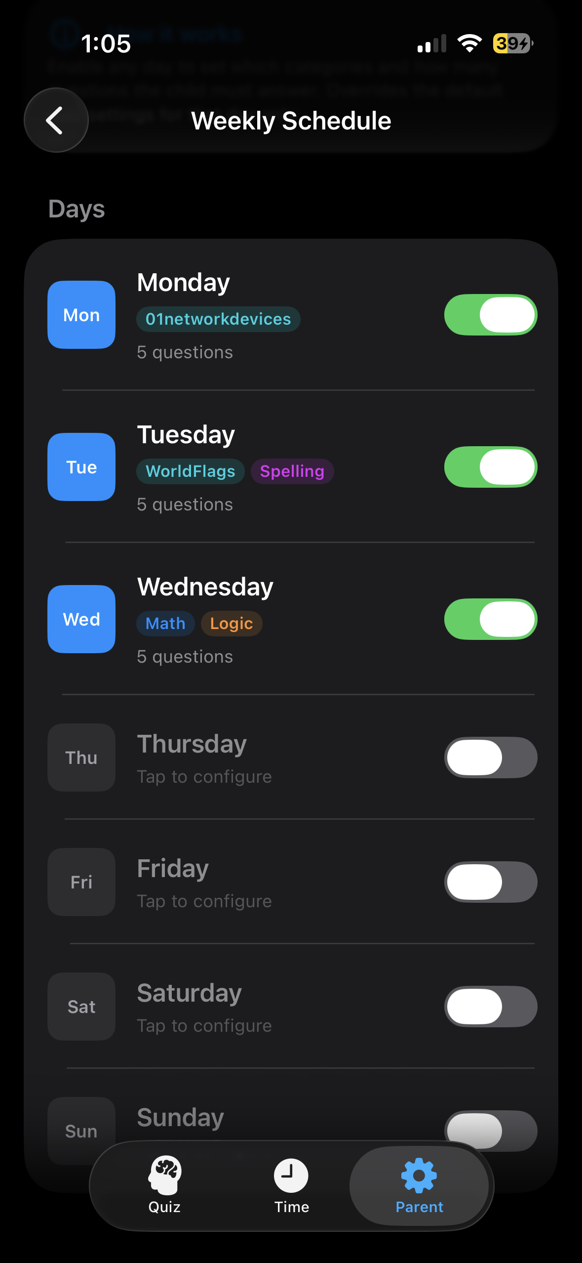 Weekly Schedule: Monday shows 01networkdevices, Tuesday shows WorldFlags and Spelling, Wednesday shows Math and Logic.
